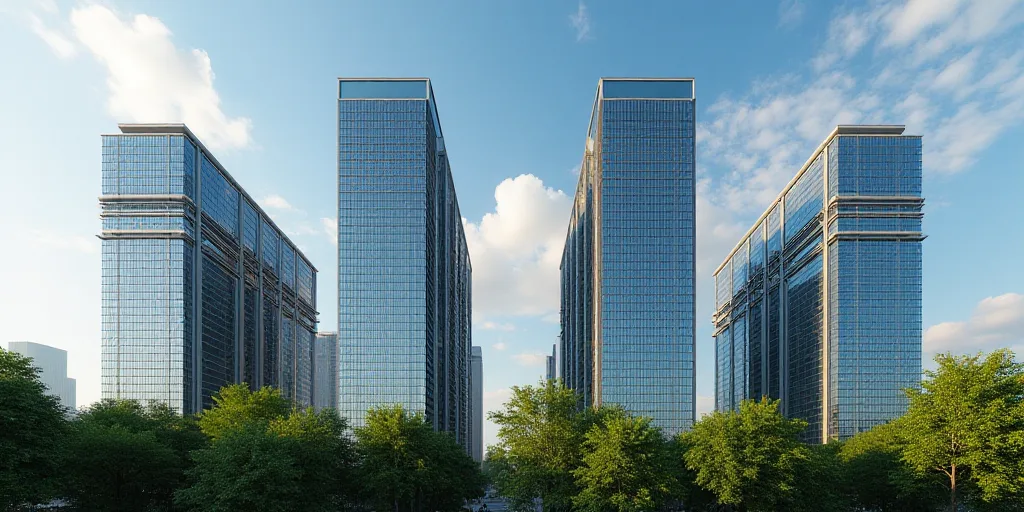 a group of tall buildings with a sky background and trees in front of them, with a sky background, E
