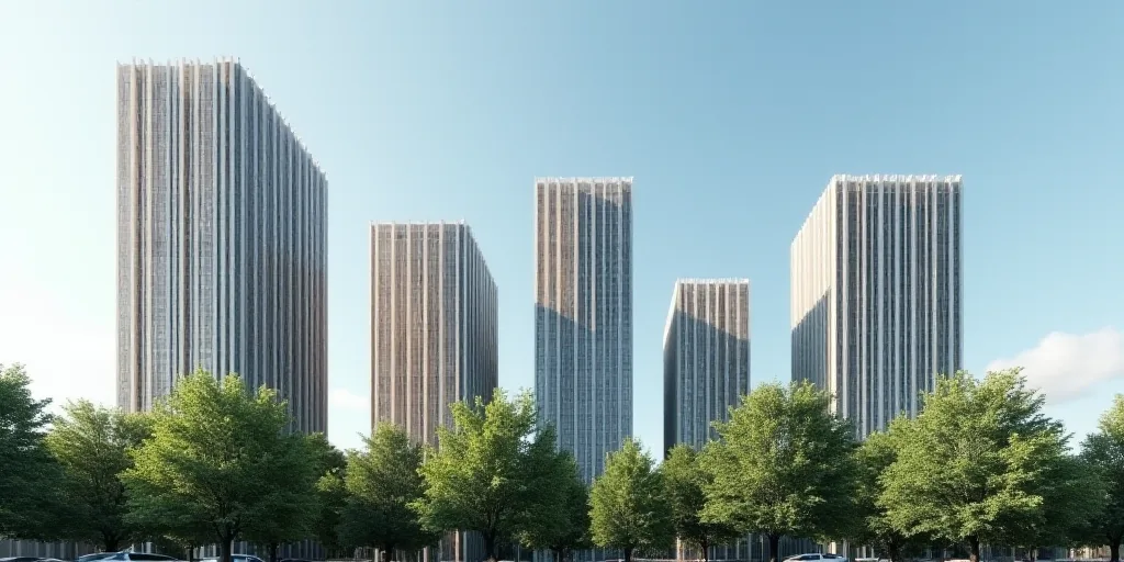 a group of tall buildings with a sky background and trees in front of them, with a sky background, E