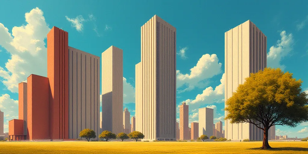 a group of tall buildings with a sky background and a tree in the foreground with a blue sky, David