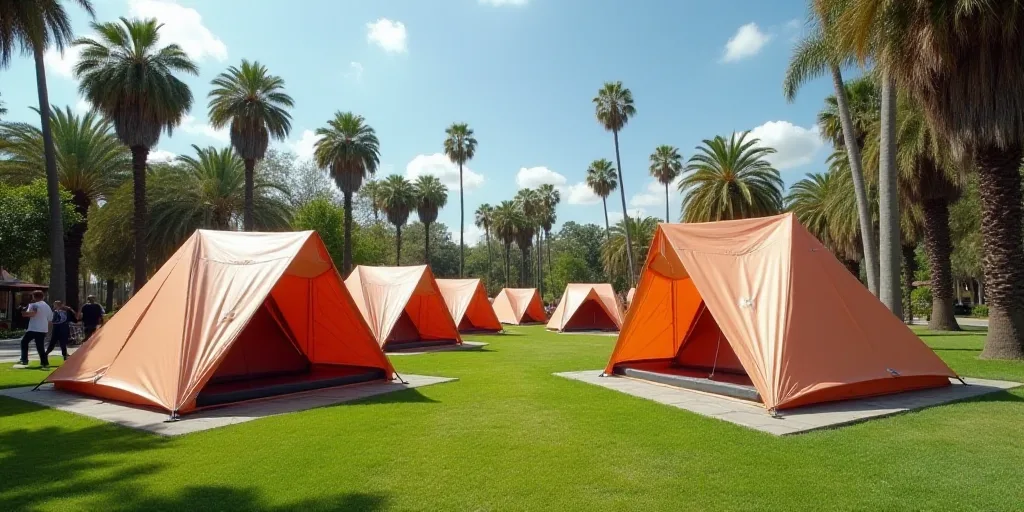 a group of tents set up in a park with palm trees in the background and people walking around them,