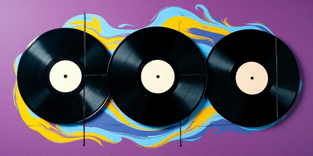 a group of three black and white records on a purple background with a blue and yellow swirl around