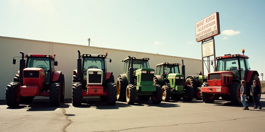 a group of tractors parked next to each other in a parking lot with people standing around them and