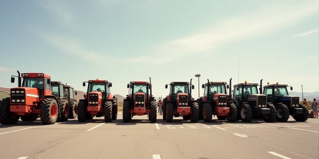 a group of tractors parked next to each other in a parking lot with people standing around them and