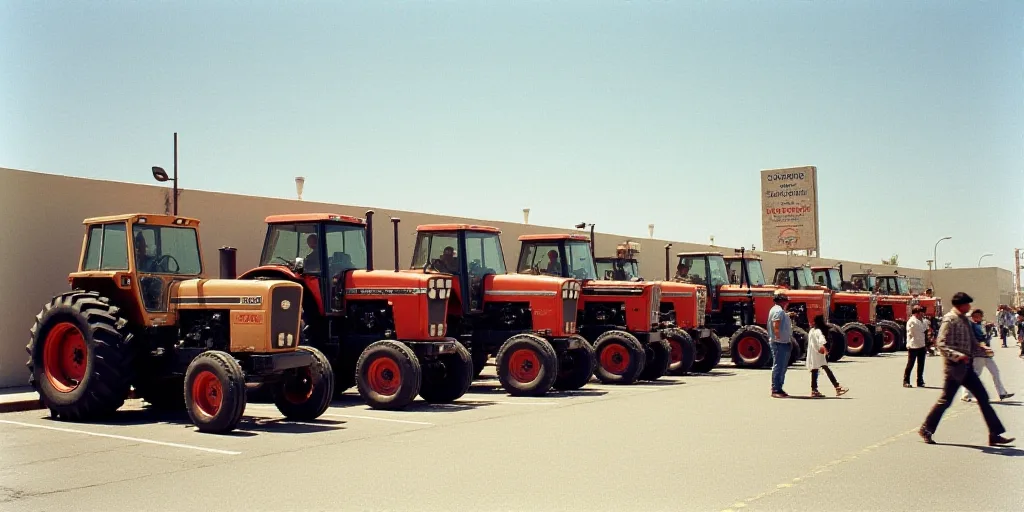 a group of tractors parked next to each other in a parking lot with people standing around them and