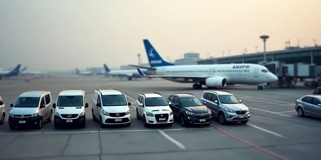 a group of vehicles parked next to an airport terminal with planes on the tarmac and on the tarmac,