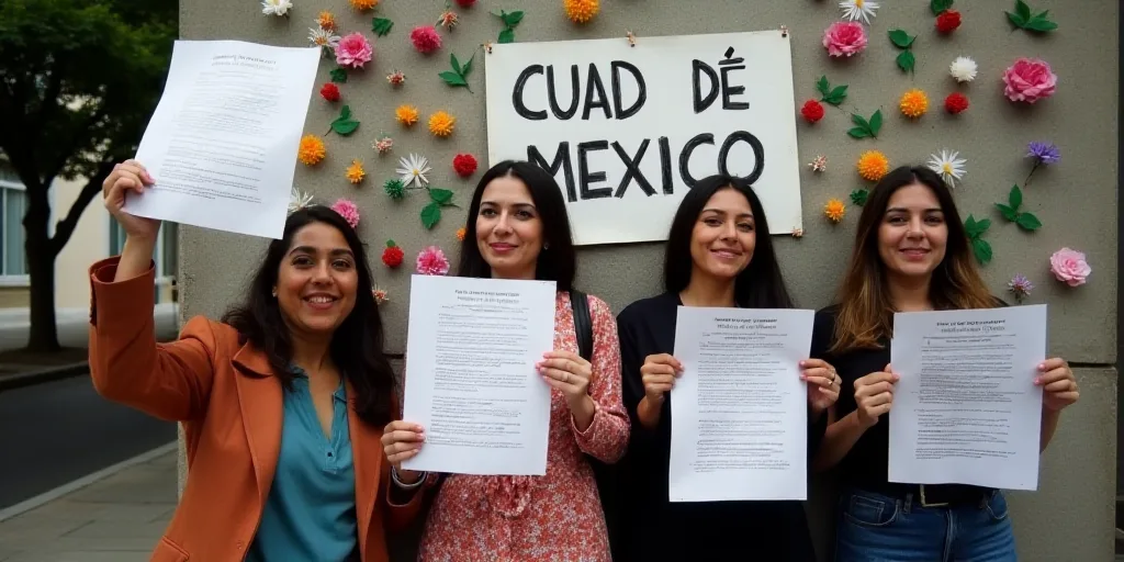 a group of women holding up papers in front of a wall with flowers on it and a sign that says cuad d