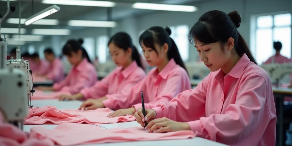 a group of women in pink shirts working on some clothes in a factory with other people in the backgr