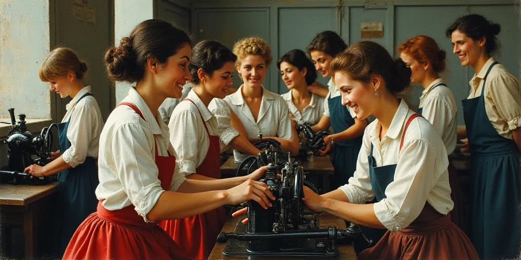 a group of women working on a machine in a factory with other people in the background looking on an