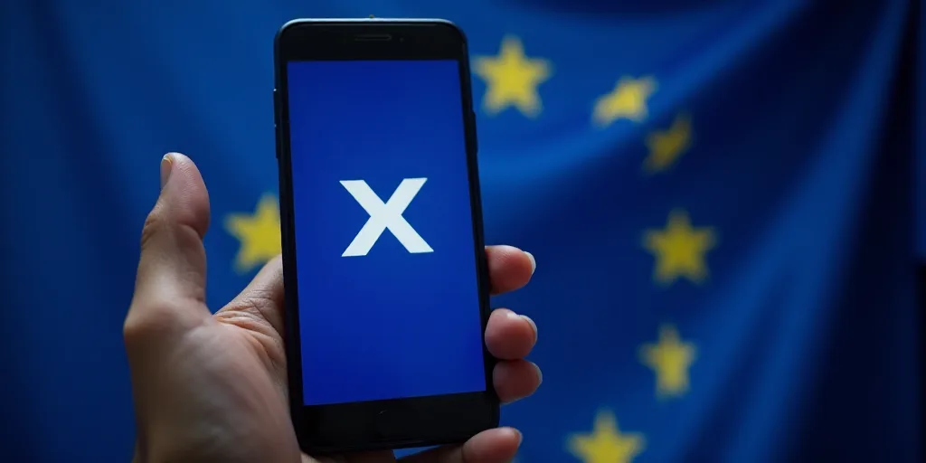 a hand holding a cell phone in front of a european flag with the x symbol on it's screen, Andries St