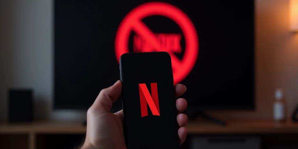 a hand holding a cell phone with a netflix logo on it in front of a television screen with a no sign