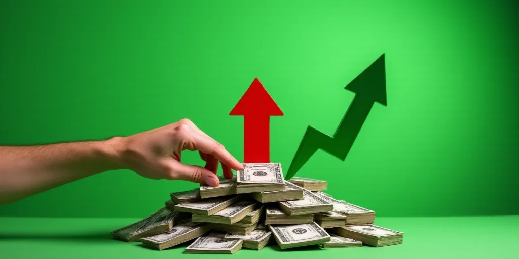 a hand holding a red arrow over a pile of money with a green background and a green arrow pointing u