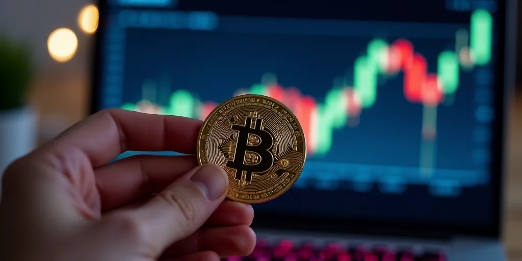 a hand holding a stack of bitcoins in front of a stock chart and a phone with a stock chart in the b