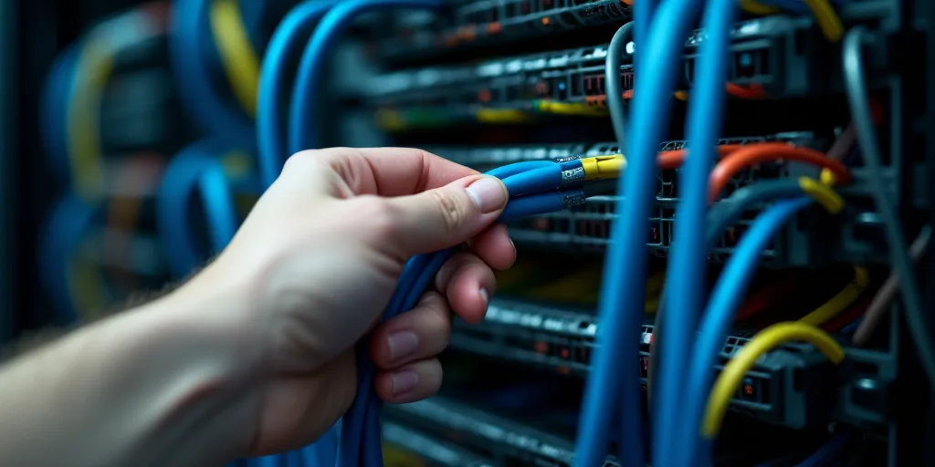 a hand is holding a blue cable in front of a server rack with many different colored wires on it, Be