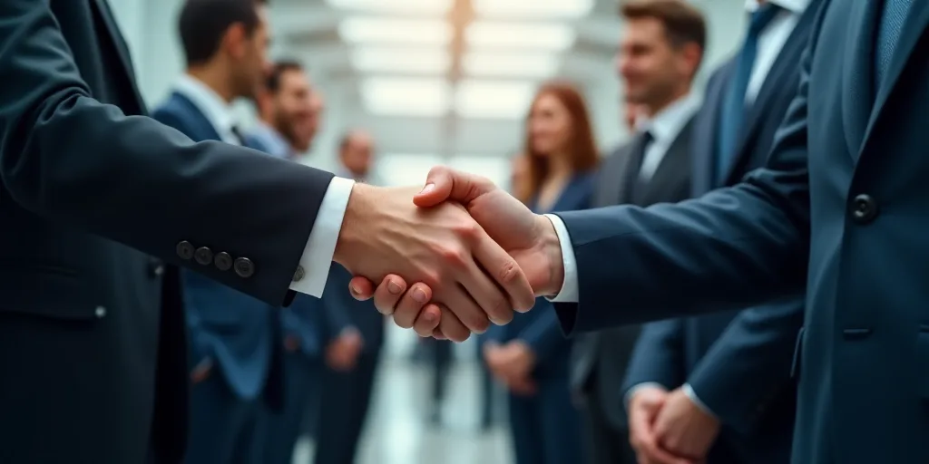 a hand is shaking a business person's hand over a line of business people in suits and ties, Avgust