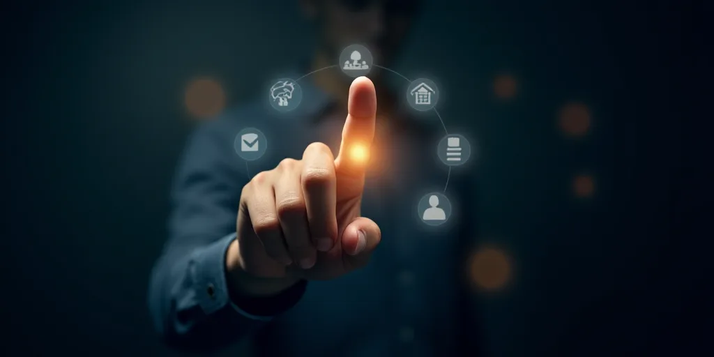 a hand touching a button with a light on it and icons surrounding it on a dark background with boke,