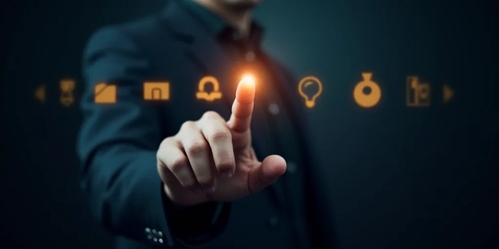 a hand touching a button with a light on it and icons surrounding it on a dark background with boke,