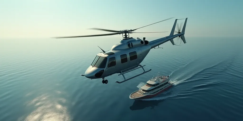 a helicopter flying over a boat in the ocean next to a helicopter flying over a ship in the ocean, D