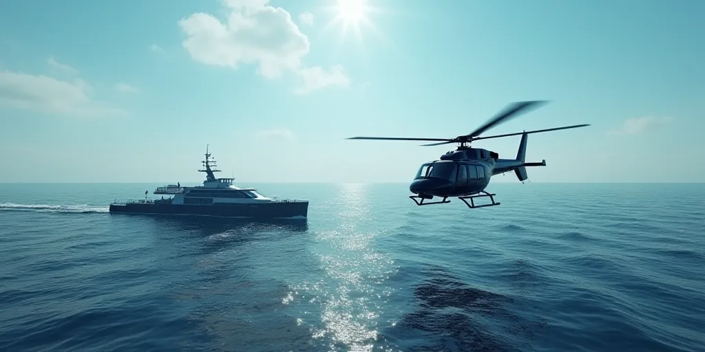 a helicopter flying over a boat in the ocean next to a helicopter flying over a ship in the ocean, D