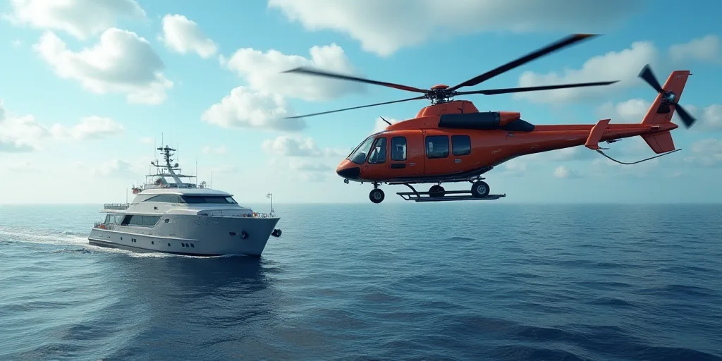 a helicopter flying over a boat in the ocean next to a helicopter flying over a ship in the ocean, D
