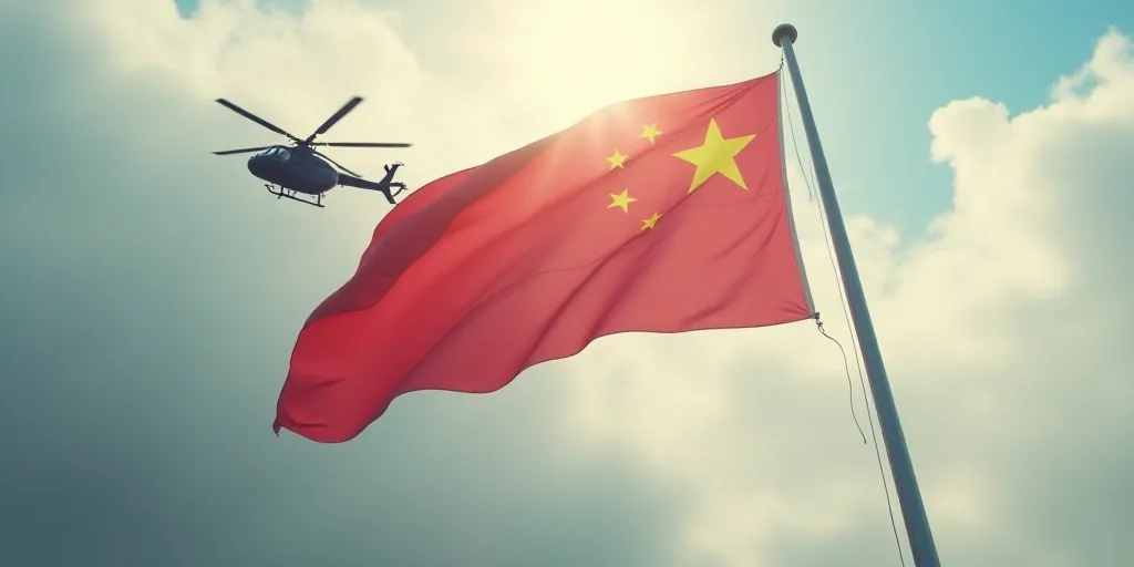 a helicopter flying over a flag and a flag pole with a flag on it and a flag on the other side of th