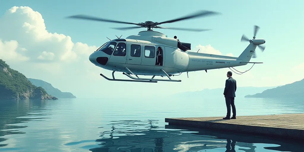 a helicopter is flying over the water with people in it's cockpits and a man in a suit is standing o