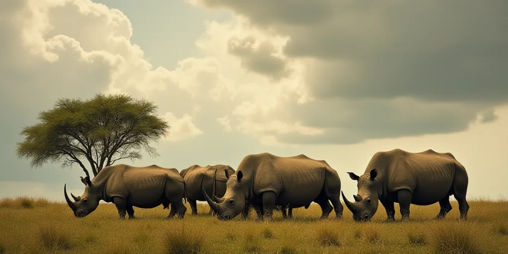 a herd of rhinos grazing on grass and trees in a field with a cloudy sky in the background, Clovis T