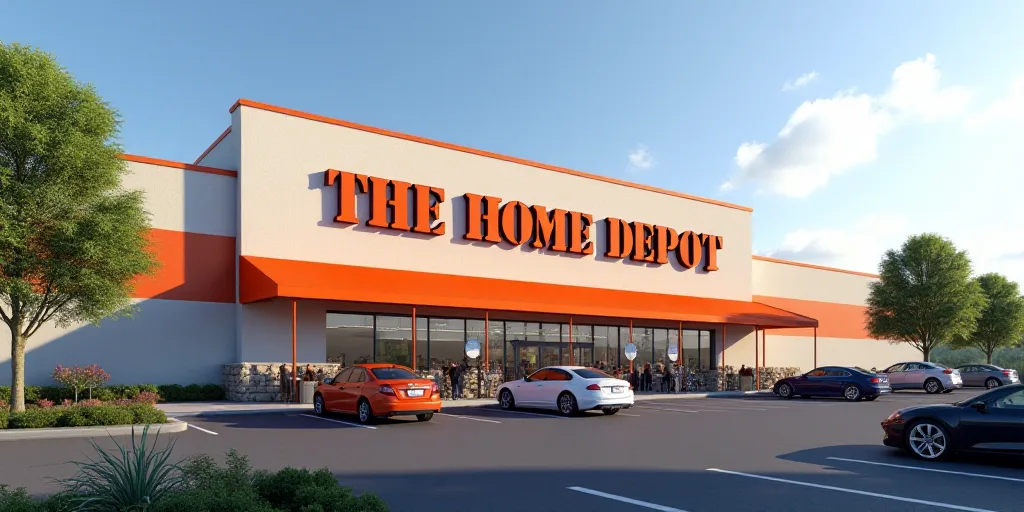 a home depot with cars parked outside of it and a sign that says the home depot on the front of the