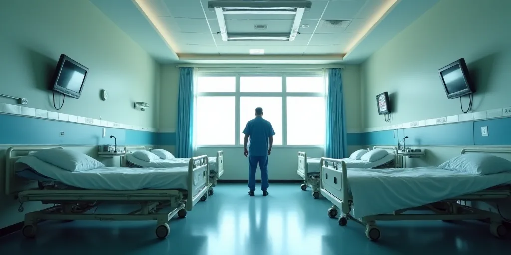a hospital room with a few beds and a tv on the wall and a man in a blue shirt in the middle of the