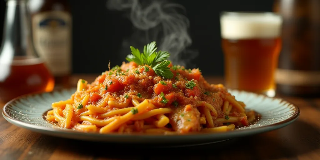 a hot dish with a lot of food on it and a drink in the background with a glass of beer, Carpoforo Te