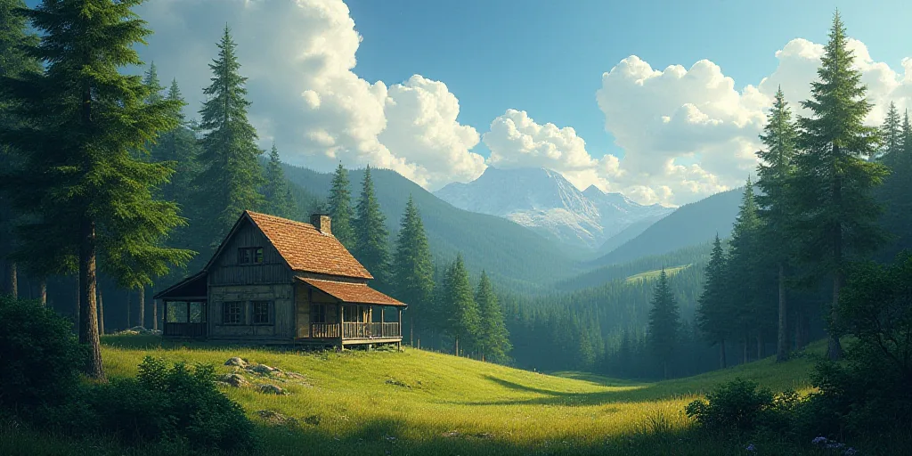 a house in the middle of a forest with a sky background and clouds above it, with a house in the mid