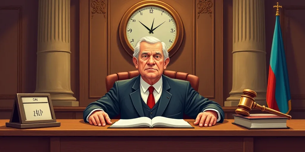 a judge and a judge's desk with a clock, calendar, and a judge's gavel, Bela Čikoš Sesija, extreme