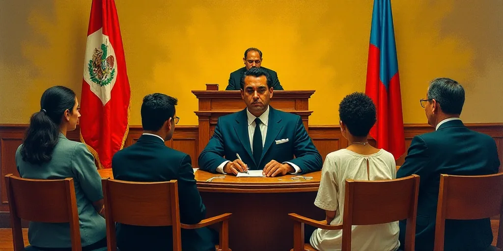 a judge and his family sitting at a table in front of a judge's podium with a flag in the background