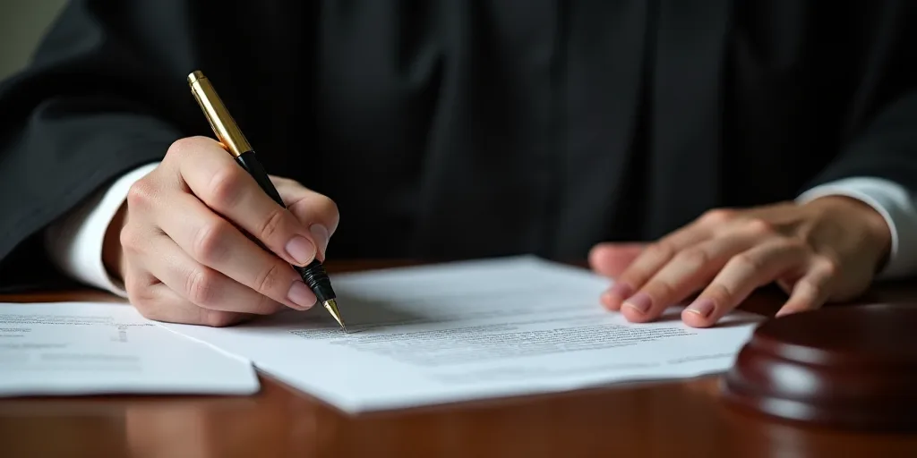 a judge holding a pen and paper while sitting at a desk with a gaven on it and papers, Brenda Chambe