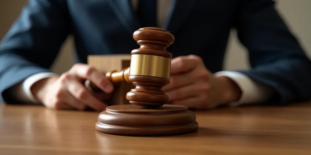 a judge's gavel on a wooden table with a person behind it holding a wooden block of wood, Avgust Če