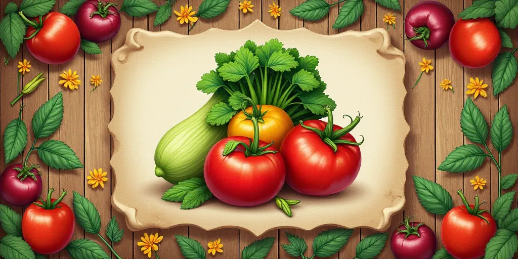 a label for a product with a bunch of vegetables on it and a wooden background with a border of leav