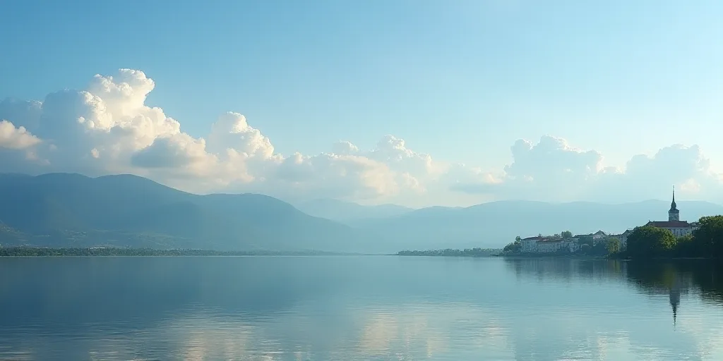 a lake with a few clouds in the sky and a city in the distance with mountains in the distance, Bela