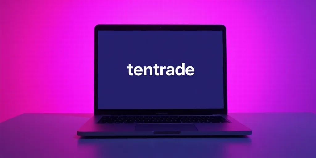 a laptop computer sitting on top of a desk with a purple background and a pink and purple background