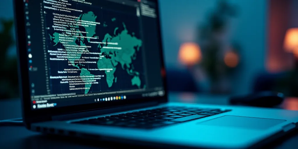 a laptop computer with the logo of the internet on it's screen and a keyboard in the background, Ei-