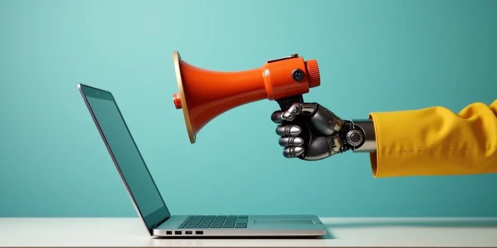 a laptop with a hand holding a megaphone and a hand holding a megaphone with a hand holding a megaph