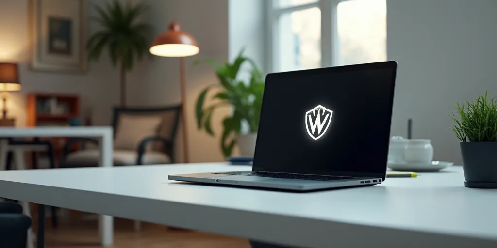 a laptop with a logo on it sitting on a table in a room with other items on it and a white table, An