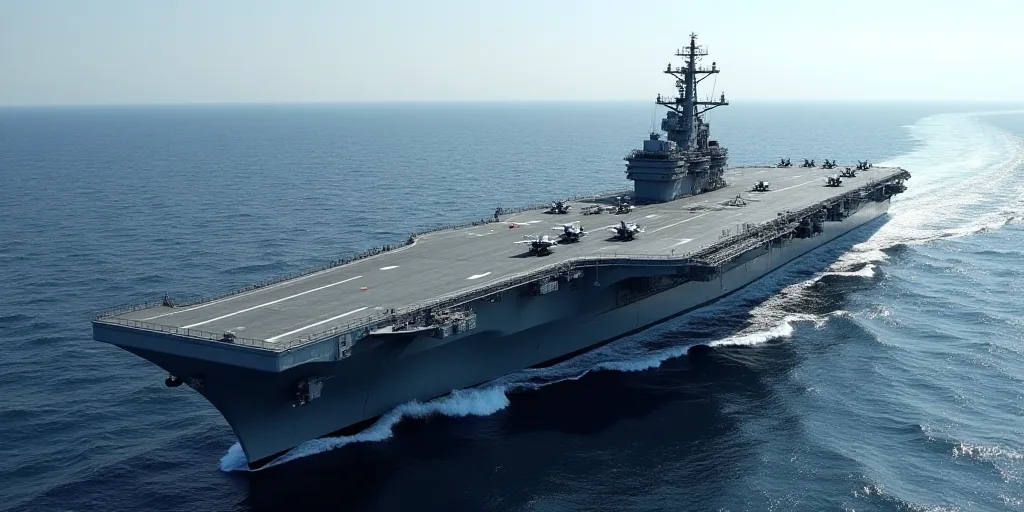 a large aircraft carrier is in the middle of the ocean with a fleet of fighter jets on it's deck, Fe