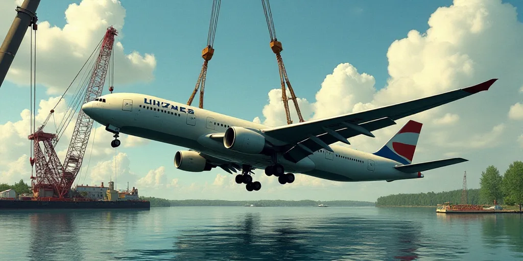 a large airplane is being lifted by a crane over a body of water with a crane in the background, Elb