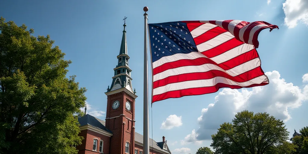 a large american flag flying in front of a building with a clock tower in the background and a tree