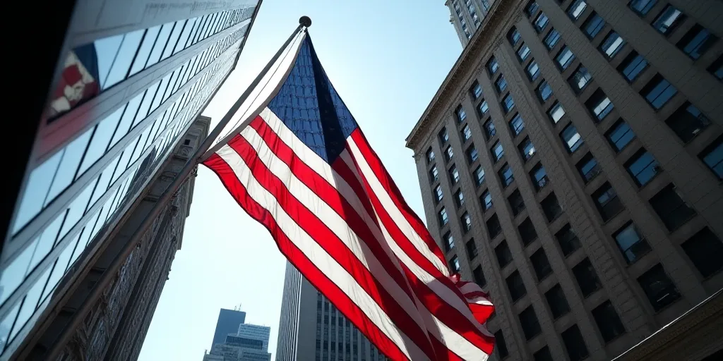 a large american flag is hanging from a building in new york city, usa, on a flagpole, Andries Stock