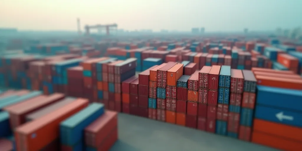 a large amount of colorful containers are stacked together in a large container yard with a large in