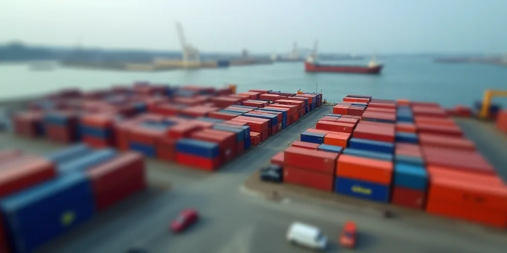 a large amount of containers are stacked up in a large container yard with a large body of water in