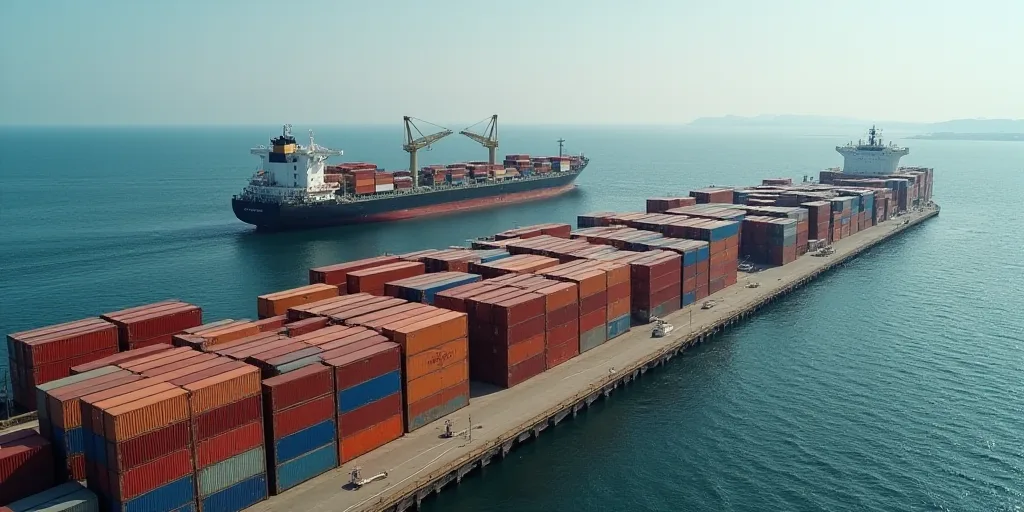 a large amount of containers are stacked up in a harbor area with a large ship in the background and