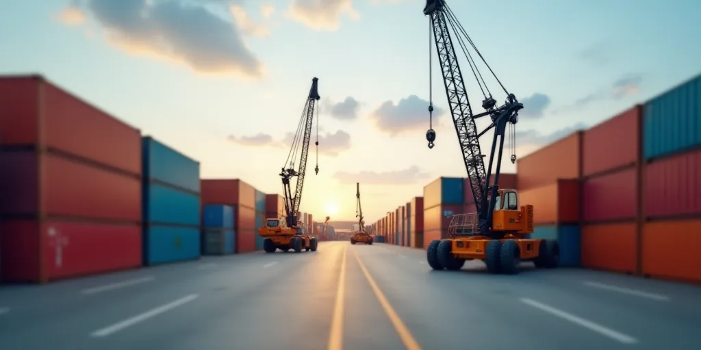 a large amount of containers are stacked up in a large warehouse area with a crane in the background