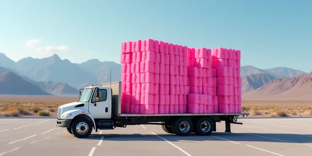 a large amount of pink bricks are stacked on a truck bed in a parking lot in front of a mountain ran