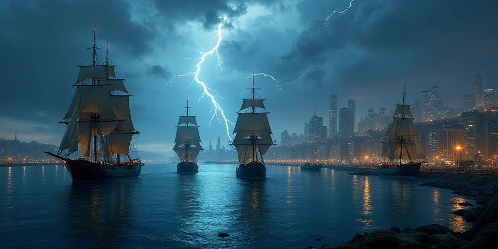 a large amount of ships are in a harbor with a city in the background and a lightning line in the sk